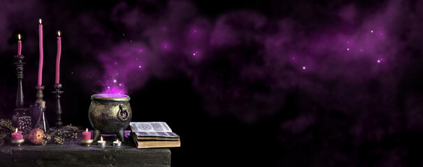 Halloween background with copy space. Dark witch cauldron with a magic witch's potion, spell book. Witchcraft paraphernalia and accessories among candles on a table © TSViPhoto
