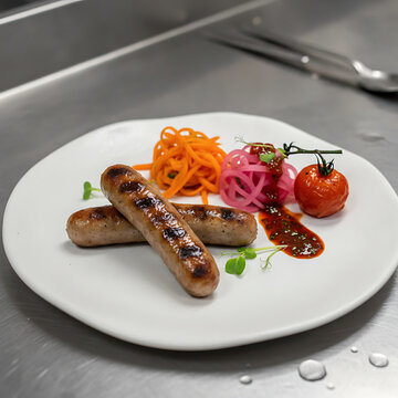 Grilled Sausage Platter Served with Fresh Garnishes and Tomato on a