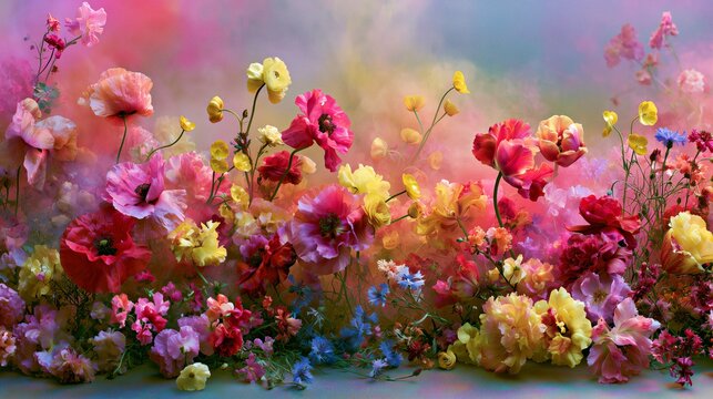 Watercolor wildflower meadow background with pink yellow blooms, painterly floral texture and romantic spring design for wall art.

