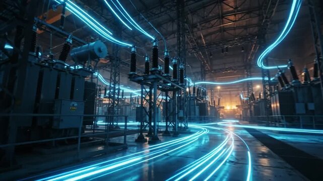 Electricity flowing through industrial power plant substation