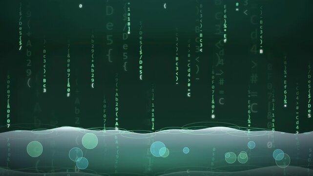 Abstract Digital Data Stream with Falling Binary Code and Fluid Wave Motion Background