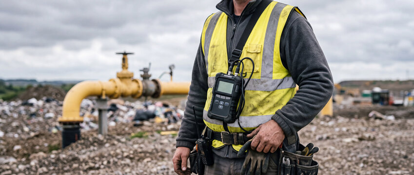 Construction worker wearing safety vest and gas monitor at industrial pipeline site near landfill