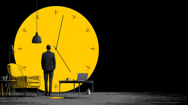 Businessman standing in front of a giant yellow clock in a dark office room