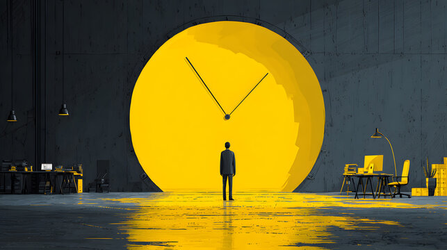 Businessman standing in front of a giant yellow clock in a dark office room