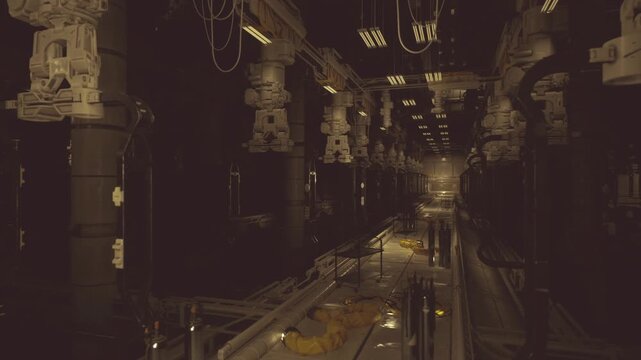 Salvage corridor with scattered repair rigs, debris and spare panels, hoists and clamps hung from ceiling, dusty workshop feel and restoration activity implied