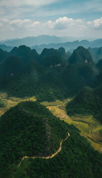 Aerial View Of Rice Terraces And Mountain Landscape For Travel And