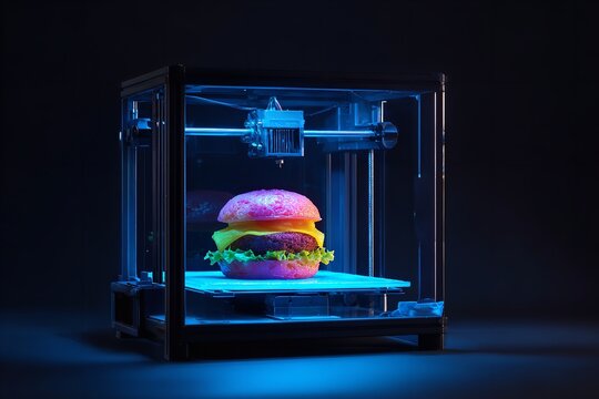 Pink 3D printed burger inside transparent glass chamber 3D printer under dark ambient neon light