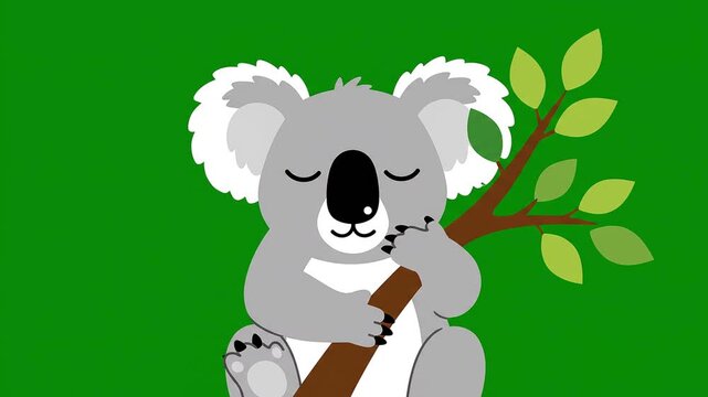 Flat Vector Koala Hugging a Tree Branch and Blinking Slowly on Solid Chroma Key Green Background