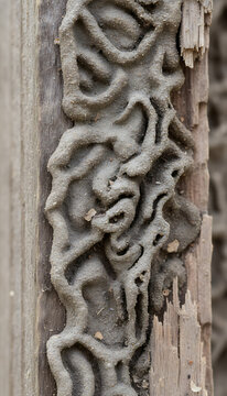 Close Up Macro View Of Destructive Termite Damage With Intricate Mud