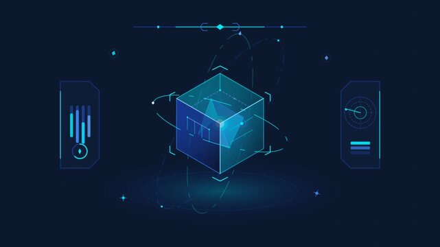 Futuristic HUD cube hologram spinning with data interfaces in cyberspace