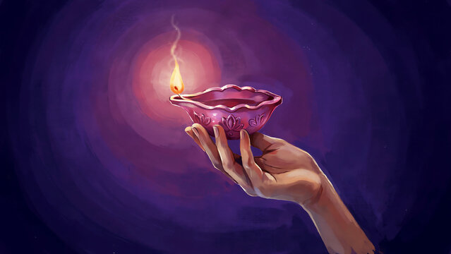 A hand holding a glowing traditional oil lamp against a dark purple background for diwali celebration