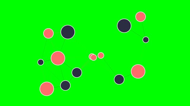 Abstract network of interconnected coral and dark blue circles on green