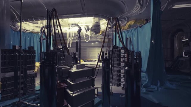 Dense server racks under blue curtains, braided power cables hanging from ceiling, rackmounted GPUs and cooling units under sterile lighting, intense