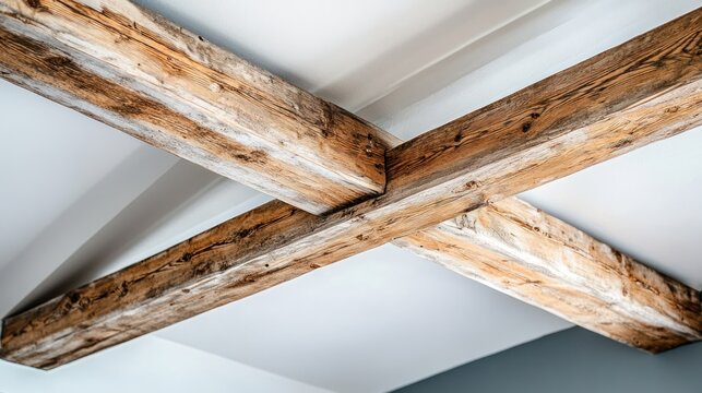 Wooden beams on white ceiling