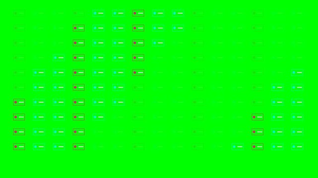 A grid of small rectangular icons featuring toggle switches on green screen