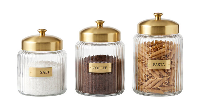 Elegant Trio of Decorative Kitchen Storage Containers with Gold Lids Isolated on White Background