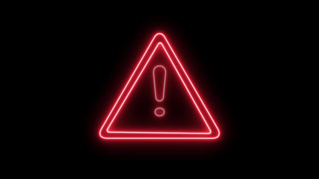 Animation of glowing neon Warning attention icon signal. conveying caution and alert. Neon red danger road warning sign animated on black screen. 