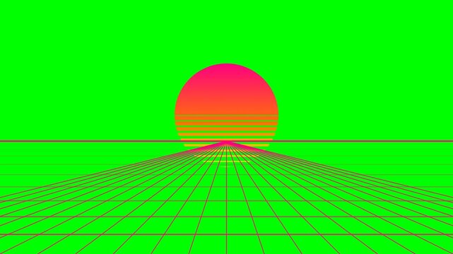 Retro synthwave landscape with a vibrant gradient sun on a green background