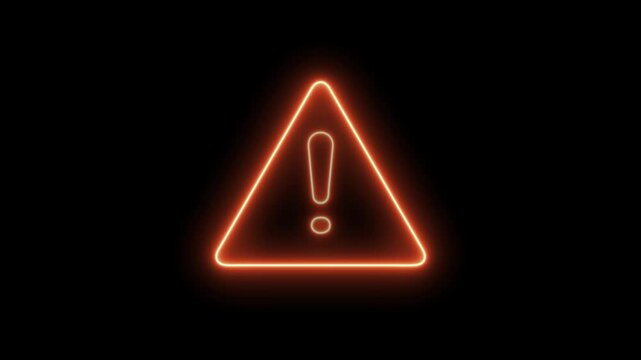 Animation of glowing neon Warning attention icon signal. conveying caution and alert. Neon yellow danger road warning sign animated on black screen. 