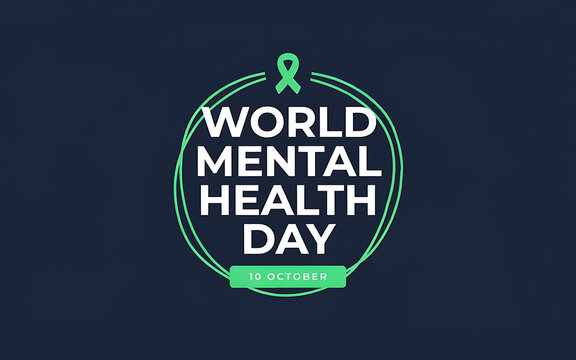 World mental health day awareness banner with green ribbon symbol on a dark blue background