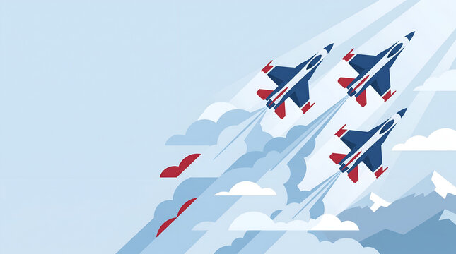 Flat vector illustration of four fighter jets in diagonal formation with red smoke trails on light blue background, air force theme