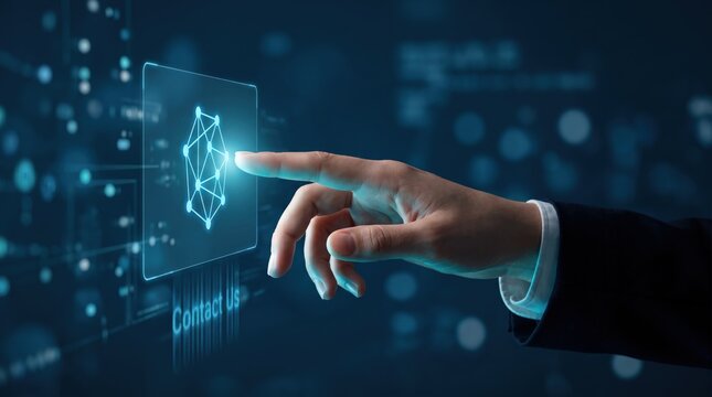 Hand touching futuristic hologram screen with network connection icon, digital communication technology, contact us button, virtual interface and global connectivity concept