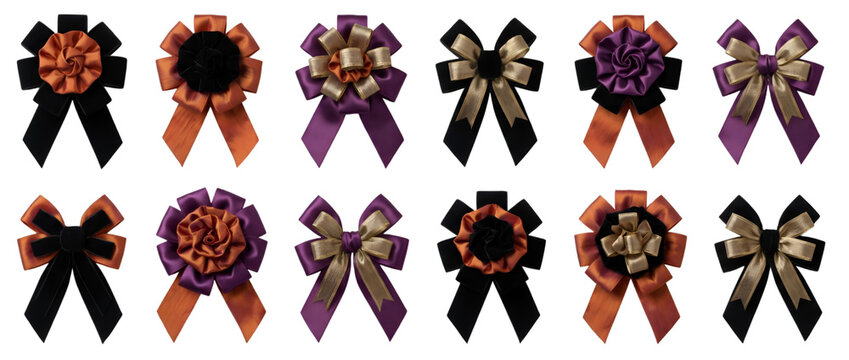 Mega Halloween Ribbon Bows Set with Spooky Patterns and Solid Colors Isolated on Transparent