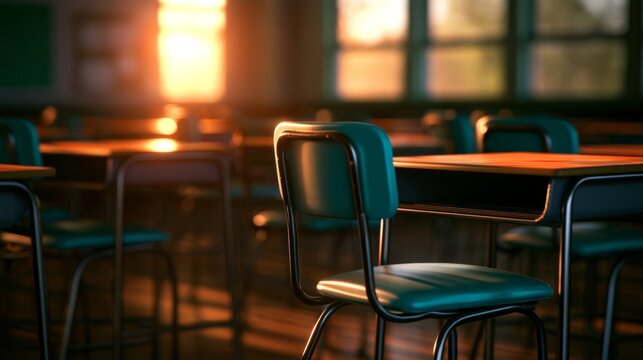 Empty school classroom with sunset light casting shadows