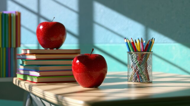 Red apples, books, and pencils on classroom desk
