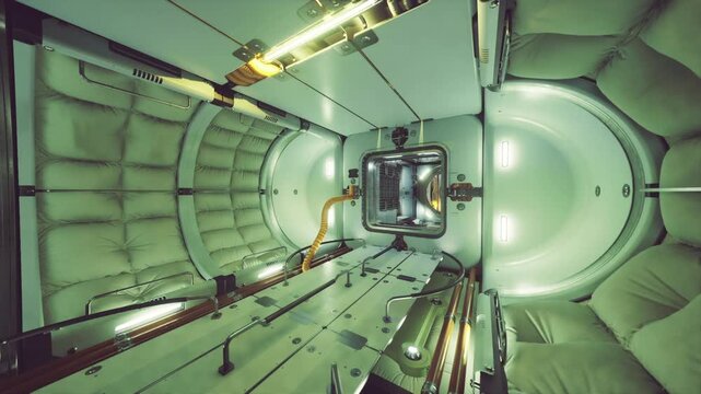 Empty space station transit tube framed by padded walls and soft lighting, visible handrails and attachment points, quiet floating friendly habitat vibe