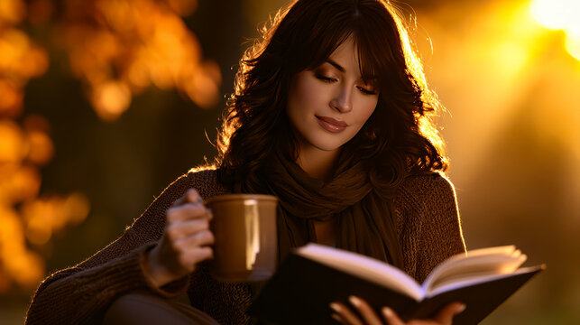 Woman enjoying reading book outdoors during autumn sunset