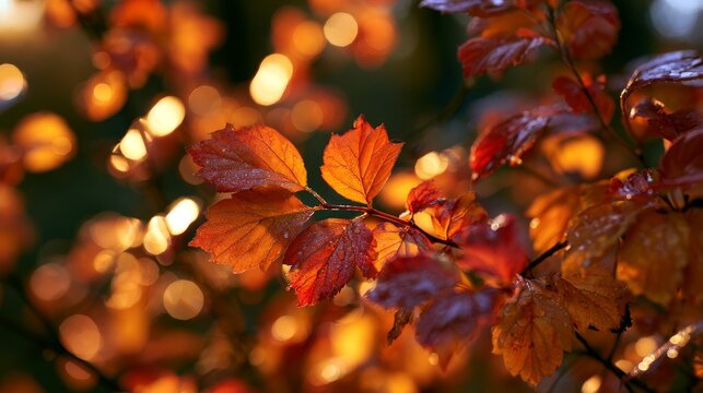 Autumn leaves changing color in golden hour sunlight