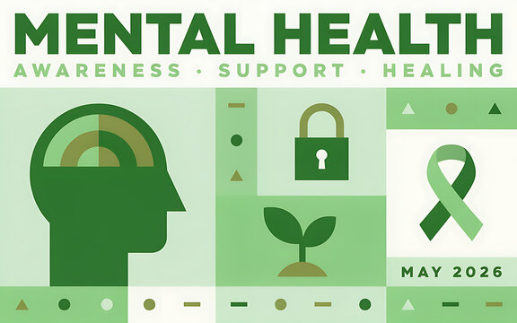Mental health awareness graphic design featuring a human head profile green ribbon and growth symbols
