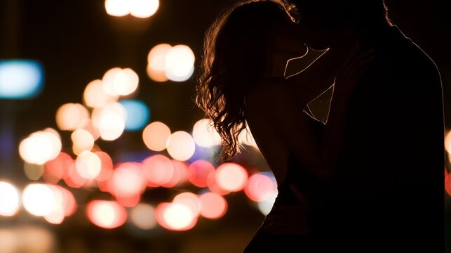 Silhouette couple kissing at night with city lights bokeh