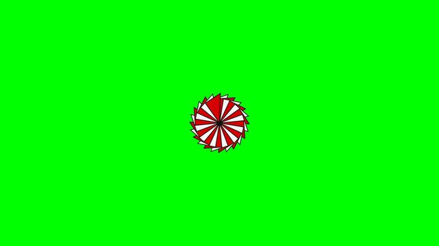 A circular pattern of alternating red and white triangles on green background