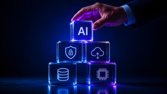 Human hand carefully places the Artificial Intelligence cube atop a foundational stack of cloud computing, cybersecurity, database, and processor blocks.