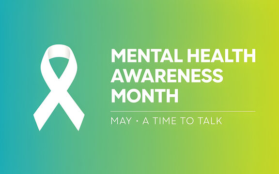 Mental health awareness month banner with a white ribbon on a green and blue gradient background