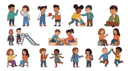 Fototapeta premium Modern Geometric Children Demonstrating Social Skills and Positive Behavior Educational Illustration Collection