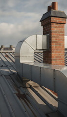 Naklejka premium Metal Ductwork Installed On A Rooftop Near A Brick Chimney For