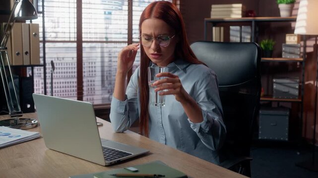 Caucasian business woman typing laptop feeling headache drinking water taking off glasses suffering migraine weak dizzy at office table businesswoman with computer female girl refreshing with drink