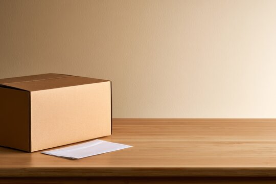 Cardboard box and envelope on wooden table