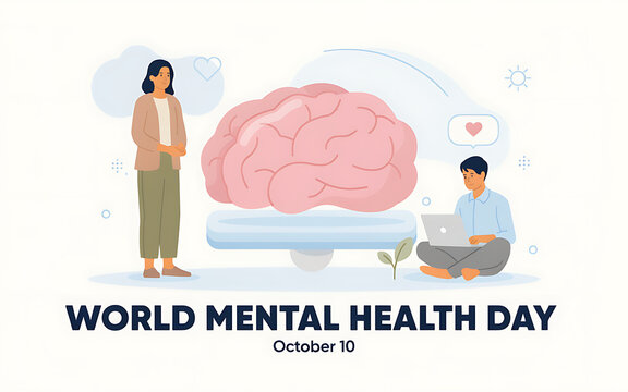 World mental health day illustration with people and a human brain concept