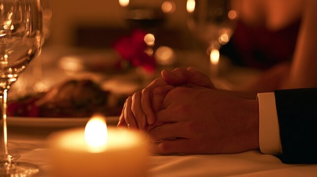 Couple holding hands during romantic candlelight dinner