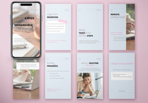 Instagram Stories Template Productivity Planner PSDT Editable Vertical Story Pack. Change colors, fonts, photos and text