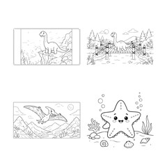 Set of cute dinosaur and sea creature coloring pages for kids featuring brachiosaurus pterodactyl and a happy starfish © UMMAH