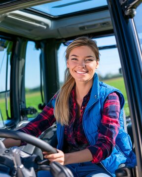 Young woman farmer driving tractor smiling in field