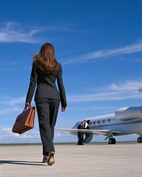 Businesswoman walking towards private jet for travel