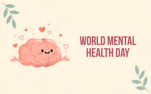 World mental health day illustration with a cute brain and floating hearts