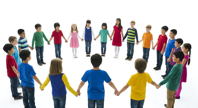Diverse group of people holding hands in unity - A cheerful and inclusive illustration of a colorful diverse group of people holding hands together, symbolizing unity and teamwork.