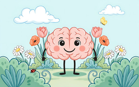 Happy brain character stands in a garden with flowers and a butterfly